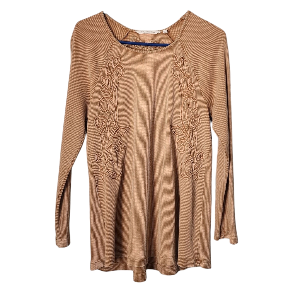 SOFT SURROUNDINGS waffle knit long sleeve Embroidered Top in latte S